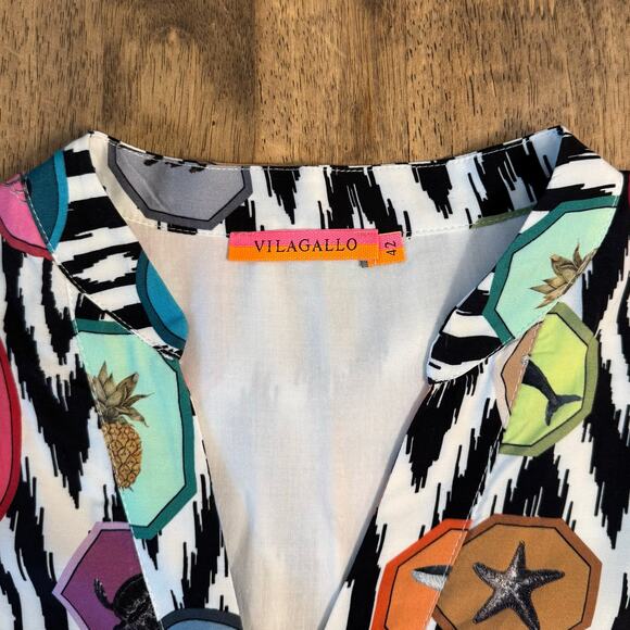 Vilagallo Women’s Ikat Exotic Animal V Neck Popover Dress Resort Cruise Size 42 - Picture 5 of 8